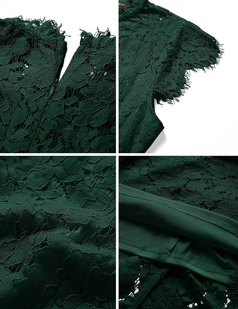 MEROKEETY Women's Sleeveless Lace Floral Elegant Cocktail Dress Crew Neck Knee Length for Party, Dark Green, Medium - Image 5